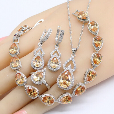 

Water Drop Orange Morganite 925 Silver Jewelry Sets For Women Bracelet Earrings Necklace Pendant Rings