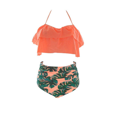 

Fashion Sexy Women Ruffle Swimwear Vintage High Waist Striped Bottom Bikini Set