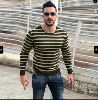 

Long Sleeved Round Neckline Striped Sweater Shirt for Men