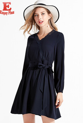 

XL XXL 3XL 4XL 5XL plus size elegant new autumn 2018 women dress long sleeve big size navy blue lace V neck midi office lady