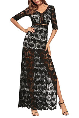

Hollow Out Crochet V Neck Half Sleeve Thigh Slit Maxi Dress 2018 Hot