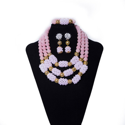 

3 Rows Pink African Wedding Jewelry Set For Women African Multicolor Crystal Beads Jewelry Set Nigerian Girl Clothing Accessories