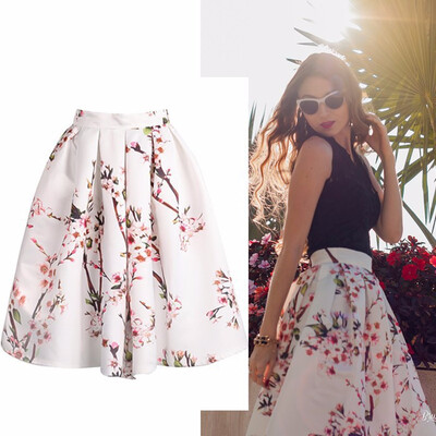 

Spring summer New Women Sakura Floral Print Elastic High Waist Pleated Long Midi Skater Vintage Skirt White Plus Size XL