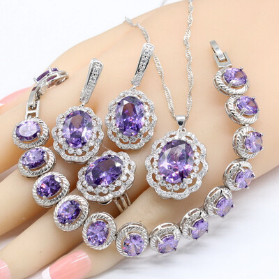 

Oval Purple Amethyst 925 Silver Logo Jewelry Sets For Women Necklace Pendant Bracelets Earrings Rings