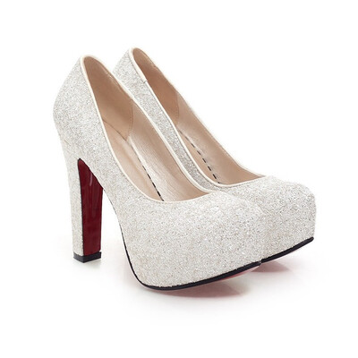 

IDIFU Womens Sequin Round Toe Chunky High Heel Bridal Shoes Slip on Hidden Platform Pumps