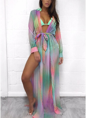 

2018 Chiffon Leopard Contrast Color Split Cardigan Kimono Beach Maxi Coverups