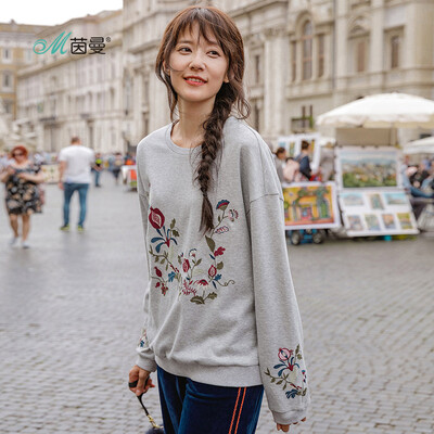 

INMAN 2018 autumn new round neck drop shoulder sleeves shrink hem embroidered wild sweater female 18830VP82231 flower gray L