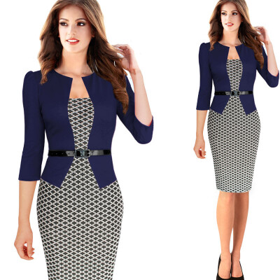 

Womens Elegant Faux Twinset Belted Tartan Floral Lace Patchwork Wear to Work Business Pencil Sheath Bodycon Dress