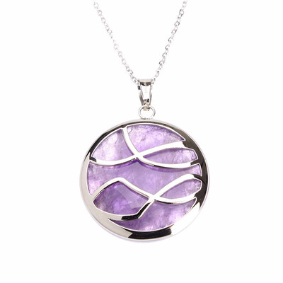 

Round Simple Lines Purple Quartz Crystal Pendant Stainless Steel Necklaces 17