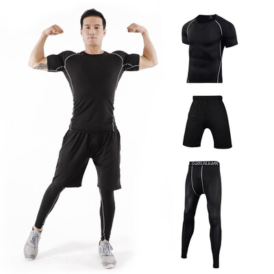

Fan Dimu sports suit mens fitness clothing tight body quick-drying breathable moisture wicking running basketball suit fitness clothing men FNZ9001-black line - short sleeve three-piece