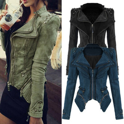 

Fashion Women Vintage Denim Jeans Jacket Punk Rivet Studded Shrug Shoulder Notched Lapel Coat