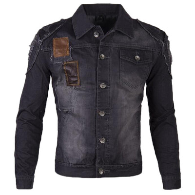 

Zogaa Men's Jeans Jacket Patchwork Leather Fashion Holes