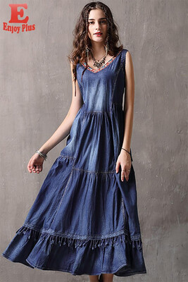 

S M L vintage new summer 2018 long dress women sleeveless mid calf blue denim cotton loose casual mid calf V neck lady