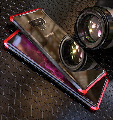

Original LUPHIE Shockproof Case For Samsung Galaxy Note 9 Fashion Clear Tempered Glass Backplane Metal Bumper Case No Screw