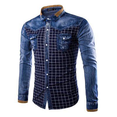 

2016 Men Chemise Homme Denim Shirt Casual Social Plaid Shirts Long Sleeve Fashion Slim Fit Mens Jeans Shirts