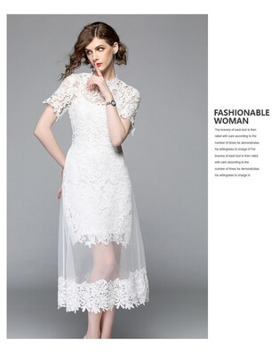

M L XL XXL vintage lace new summer 2018 long dress women short sleeve white bandage hollow out mid calf elegant
