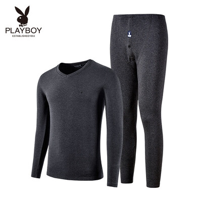 

Playboy Mens Thermal Underwear Set V-neck Basic Thermal Underwear Mens Thick Autumn Clothes Long Pants Set Light Gray V-neck M