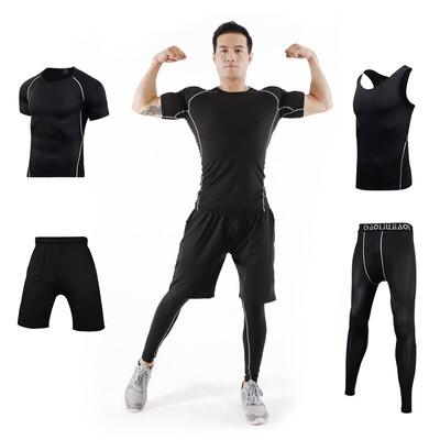 

Fan Dimu workout clothes sports suit four-piece fitness clothes tight compression clothing men&women training running clothes FNZ9001-black line - short sleeve four-piece -XXL