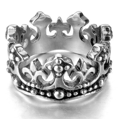 

Hpolw Mens Stainless Steel Ring Band Silver Black Royal King Crown Knight Fleur De Lis Cross Vintage