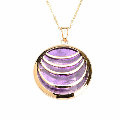 

Round Circle Lines Purple Quartz Crystal Pendant Stainless Steel Necklaces 17
