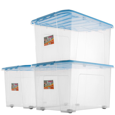 

JEKO&JEKO plastic transparent storage box extra large 100L 3 Pack storage box clothes toy storage box quilt pulley storage box blue cover SWB-5222