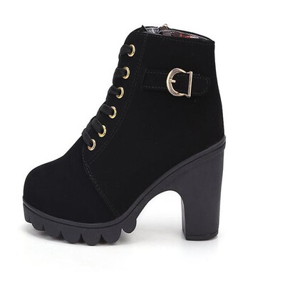 2018 New Autumn Winter Women Boots High Quality Solid Lace-up European Ladies shoes PU Fashion high heels Boots