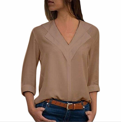 

2018 Women Ladies Sexy Solid V-neck Long Sleeve Shirt Tops