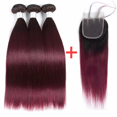 

HCDIVA Ombre Color 3 Bundles With Lace Closure 1B99 Dark Roots Brazilian Straight Hair Ombre Bundles With Closure Virgin