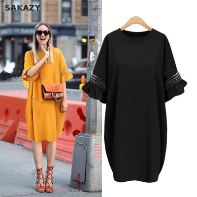 

Sakazy -5xl Women Loose Hollow Out Flare Sleeves Summer Dress Mesh Cotton Casual Wear Big Plus Size Vintage Oversized Dress