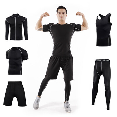 

Fan Dimu sports suit mens fitness suit breathable&quick-drying stretch training basketball sportswear running FNZ9001-black stitching - short-sleeved jacket five-piece -L