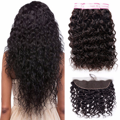 

HCDIVA Water Wave Brazilian Human Hiar Extensions 3 Bundles With Lace Frontal Closure Virgin Hair Natural Blcak High Quality Hair