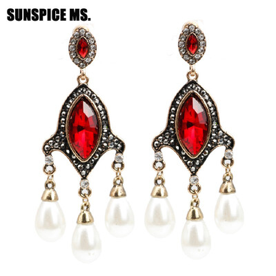 

SUNSPICE MS Indian Retro Vintage Bead Drop Earrings Antique Gold Color Big Crystal Boho Long Dangle Wedding Earrings Jewelry New