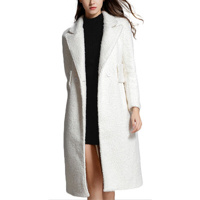 

2018 Winter Spring High Quality White Wool Turn-down Collar Office Lady New Long Woolen Coat Coat Female