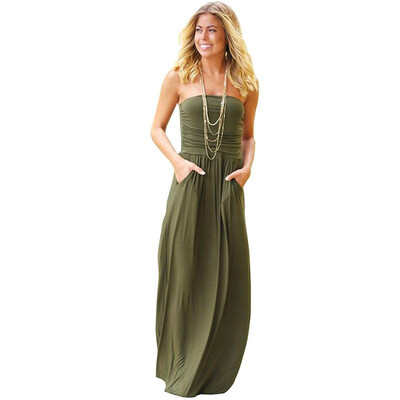 

Ruiyige 2018 Women Sexy Strapless Maxi Dress Solid Color Tunic Summer High Waist Long Pockets Casual Boho Beach Party Vestidos