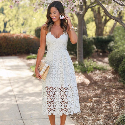 

Summer Dress Strap White Lace Dress Women Elegant High Waist Sexy Backless Vintage Overlay V Neck Midi Dress Vestidos De Festa