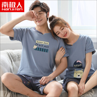 

Antarctic pajamas mens cotton thin section short-sleeved shorts couple pajamas women summer casual home service suit male blue