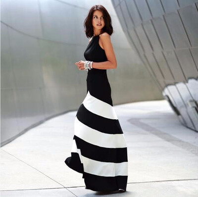 

Women Black&White Striped Sleeveless Slim Fit Long Loose Evening Dress