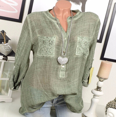 

Autumn Fashion Women Long Sleeve Pocket Patchwork Lace Patchwork Blouse Plus Size Blouse