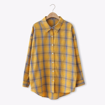 

2018 autumn women plaid blouse cotton blend loose womens tops&blouses blusas feminina yellow