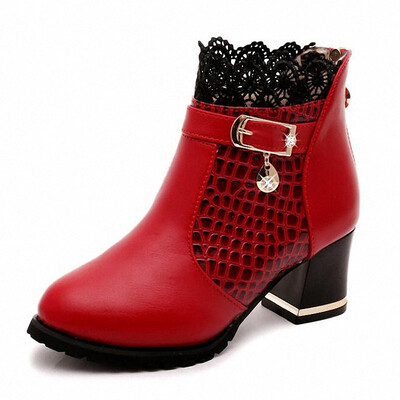 

Snake Pattern Ankle Boots Sexy Lace Cuff Thick Heel Women Boots Fall Winter Fashion BlackRed Women Shoes