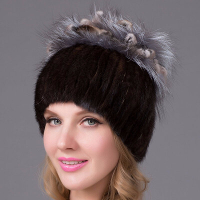 

Real mink cap women with fur lining knit cap knitted with puffed rugs Russian style fox fur mink fashion knitted hats good quali