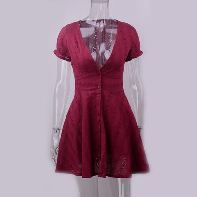

PREISEI New Summer Women Cotton White Sexy Embroidery Slim OL V-neck Short Sleeve Mini A-line Dress