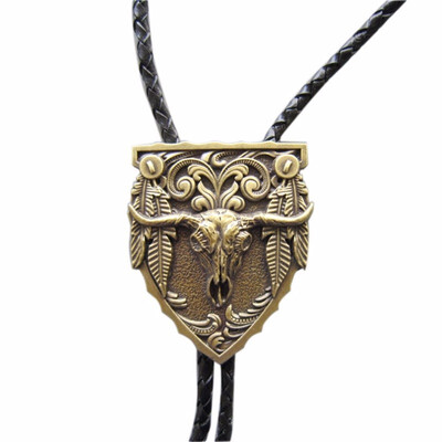 

Vintage Antique Bronze Plated Longhorn Bull Western Bolo Tie Leather Necklace