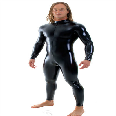 

Free Shipping Mens Black Shiny Catsuit Stretch Front Zipper Zentai Jumpsuit Muscle Leotards Mens Stage Performance Costumes