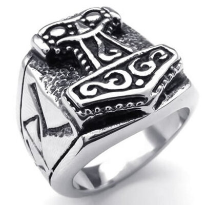 

Hpolw New Design Massiness Vintage popular black&silver Stainless Steel Band Myth Thor's Hammer men's Ring