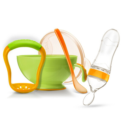 

Nuby childrens tableware newborn food supplement bowl full silicone baby spoon squeeze feeder grinding bowl set green American brand