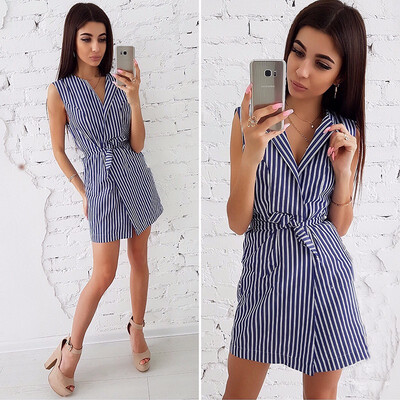 

Summer New Ladies Stripe Print Dresses Casual V-Neck Sleeveless Loose Dress