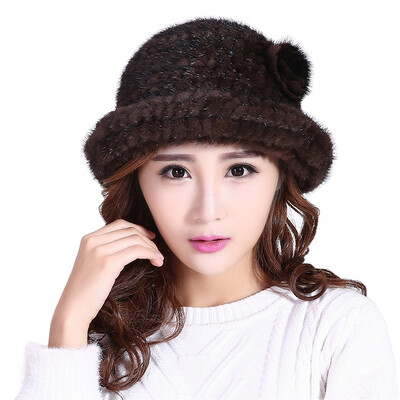 

MSMINSHU Hand Knitted Women Hat Mink Fur Hat Ladys Cap Winter Warm Hat Mink Fur Cap