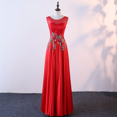 

Banquet dress shoulders long red satin embroidery applique stage dress party dress elegance