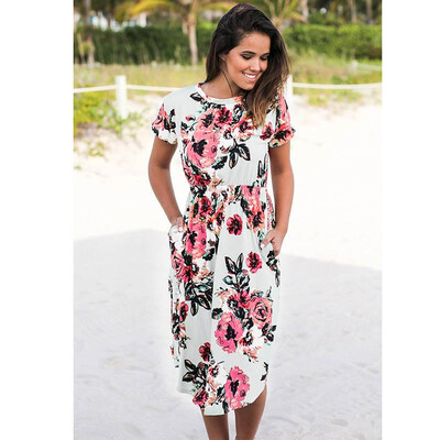 

Ruiyige 2018 Women Floral Print Boho Long Dresses Sexy Summer Maxi Beach Tunic Dress Holiday Short Sleeve Pocket O-neck Vestidos